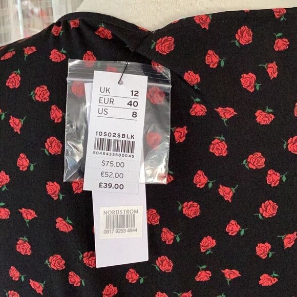 NWT TOPSHOP Ditzy Rose Button Front Midi Prairie Dress Women’s 8 Black Red - Picture 12 of 13